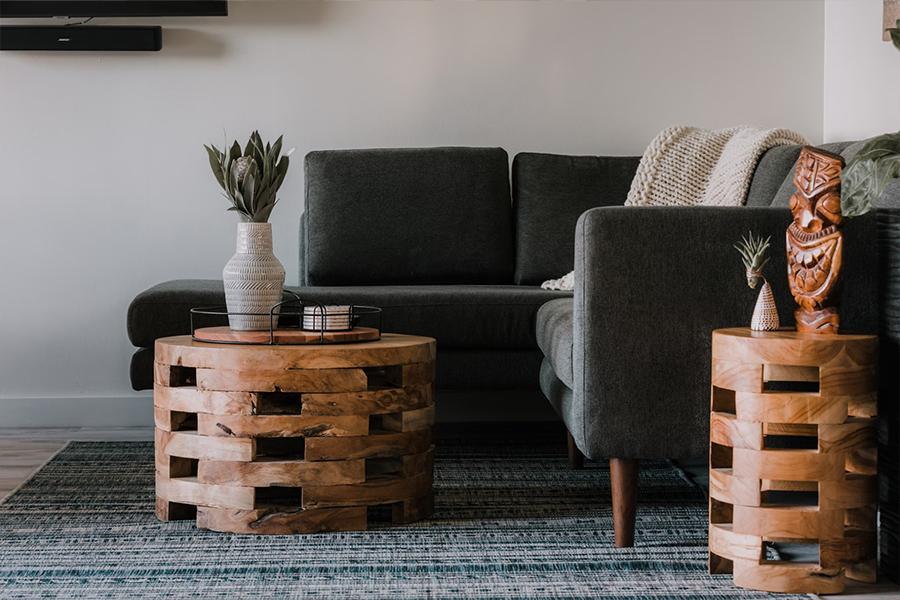 Coffee table made from several stacked wooden blocks