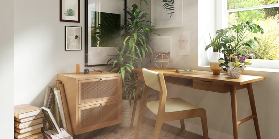 Wooden desk in a rustic-looking home office