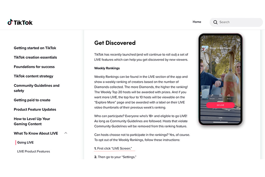 TikTok LIVE Feature been explained on the website