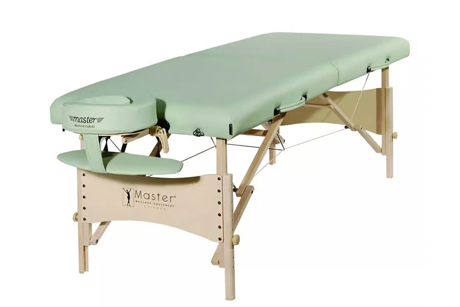 Portable massage bed showcasing face cradle and other specs