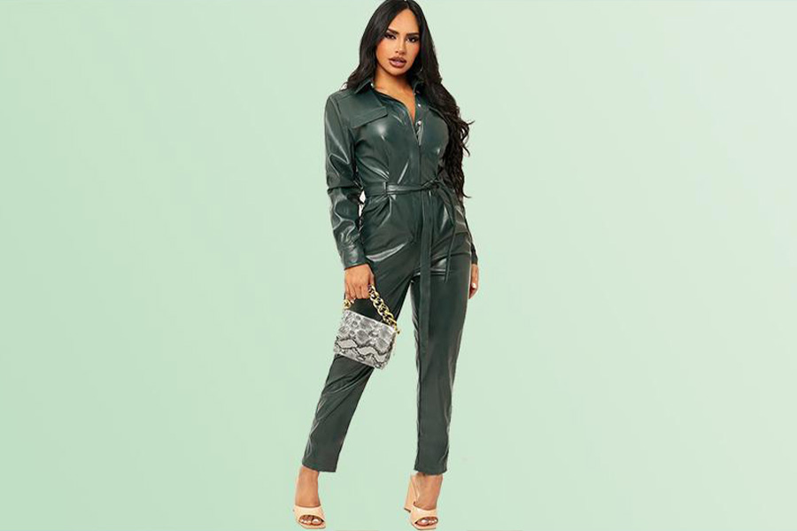 Lady in army green leather jumper suit