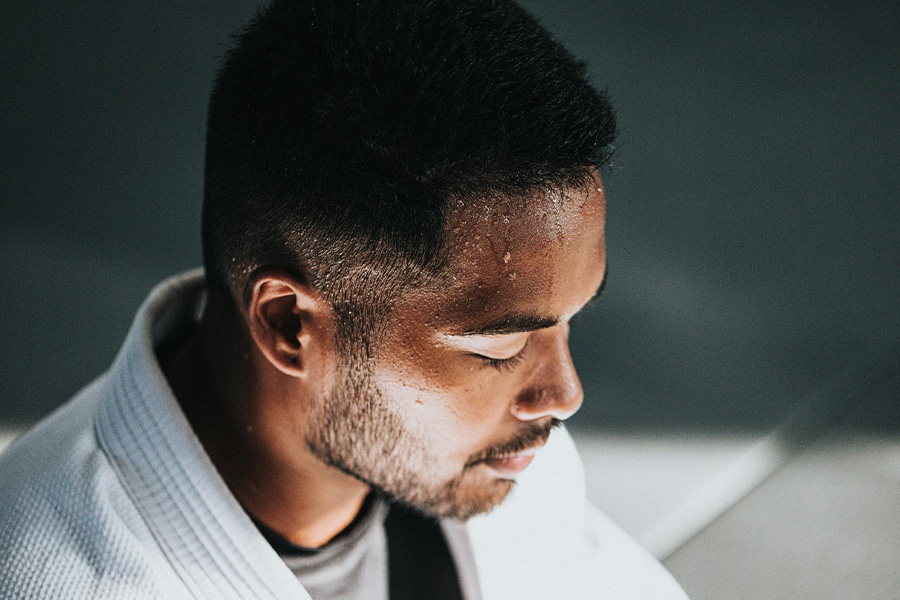 Man with sweat running down his forehead