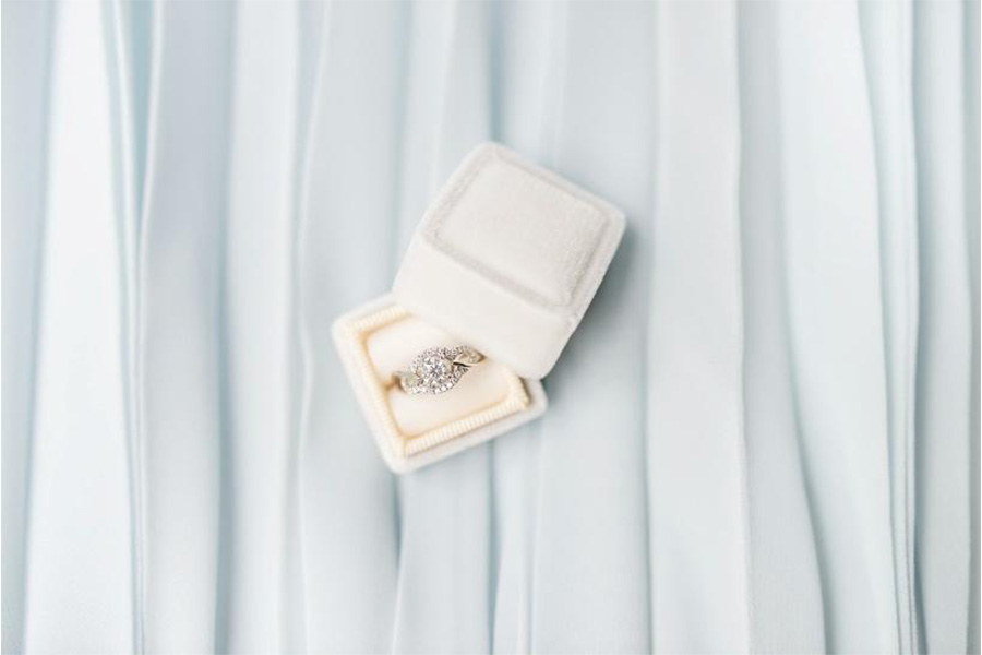 Square white velvet ring box with lid