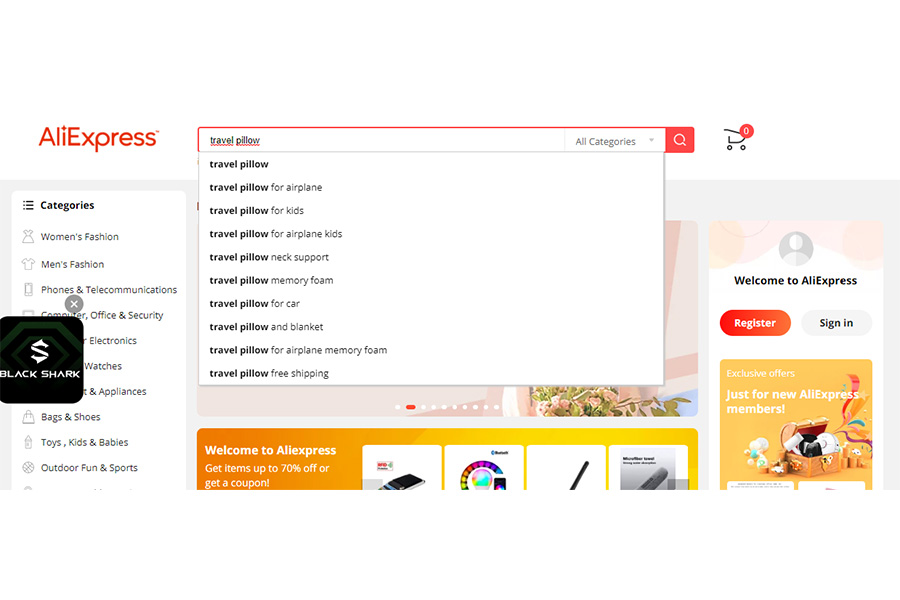 The search suggestion feature in AliExpress