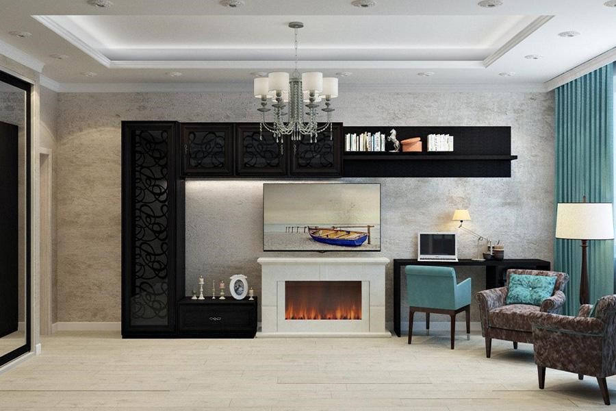 A fireplace TV stand in a modern living room