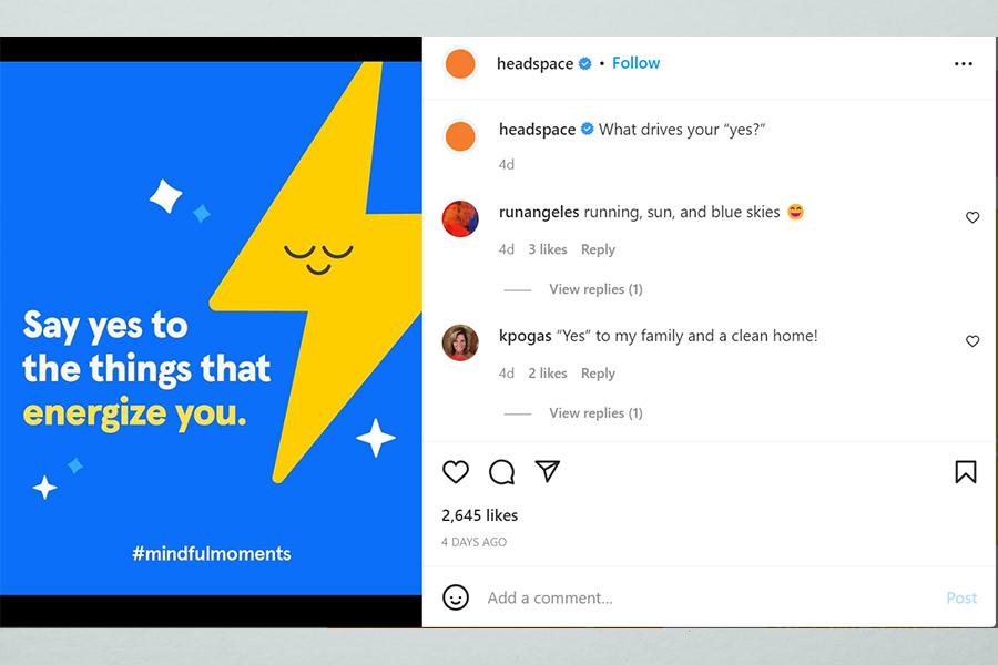 Screenshot of a post from headspace showing social interactions