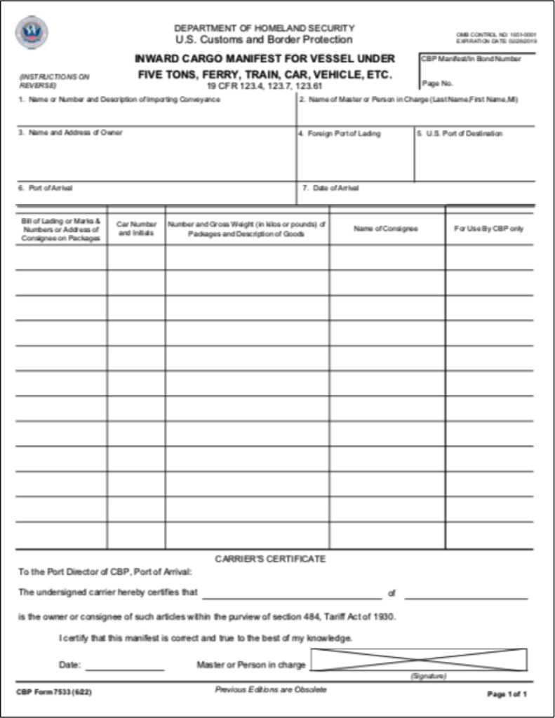 entry manifest document form 7533