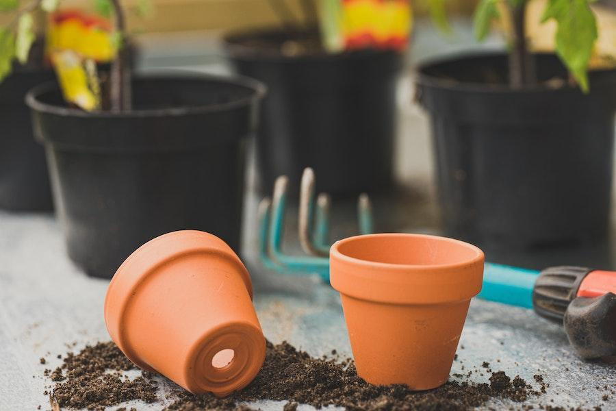 Two terracotta pots on top of some soil