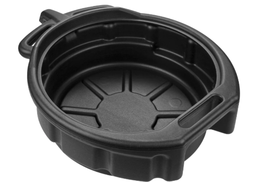 A black steel oil drain pan