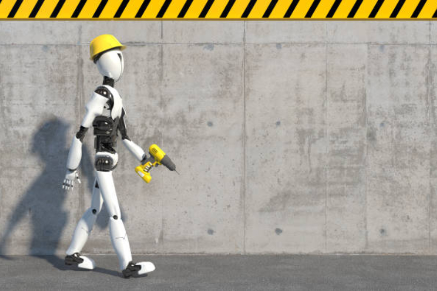 A humanoid robot builder with a construction helmet and drill