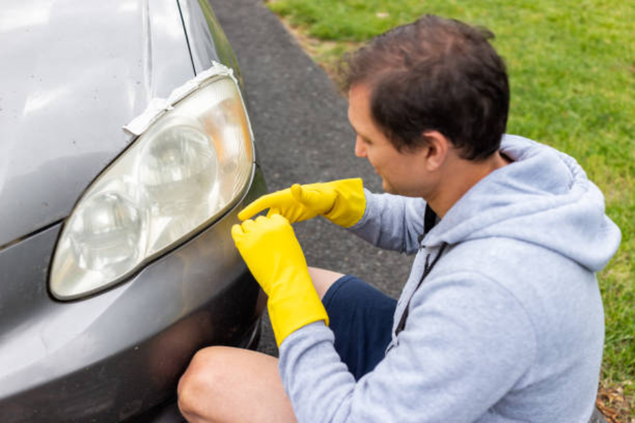 Un uomo che indossa i guanti per pulire i fari sporchi