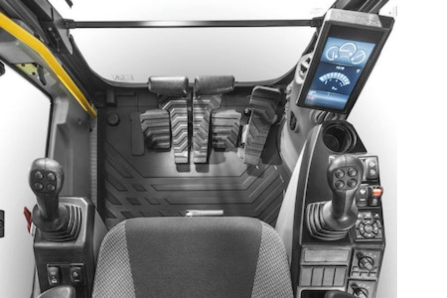 Volvo EC160E excavator controls with joysticks and pedals